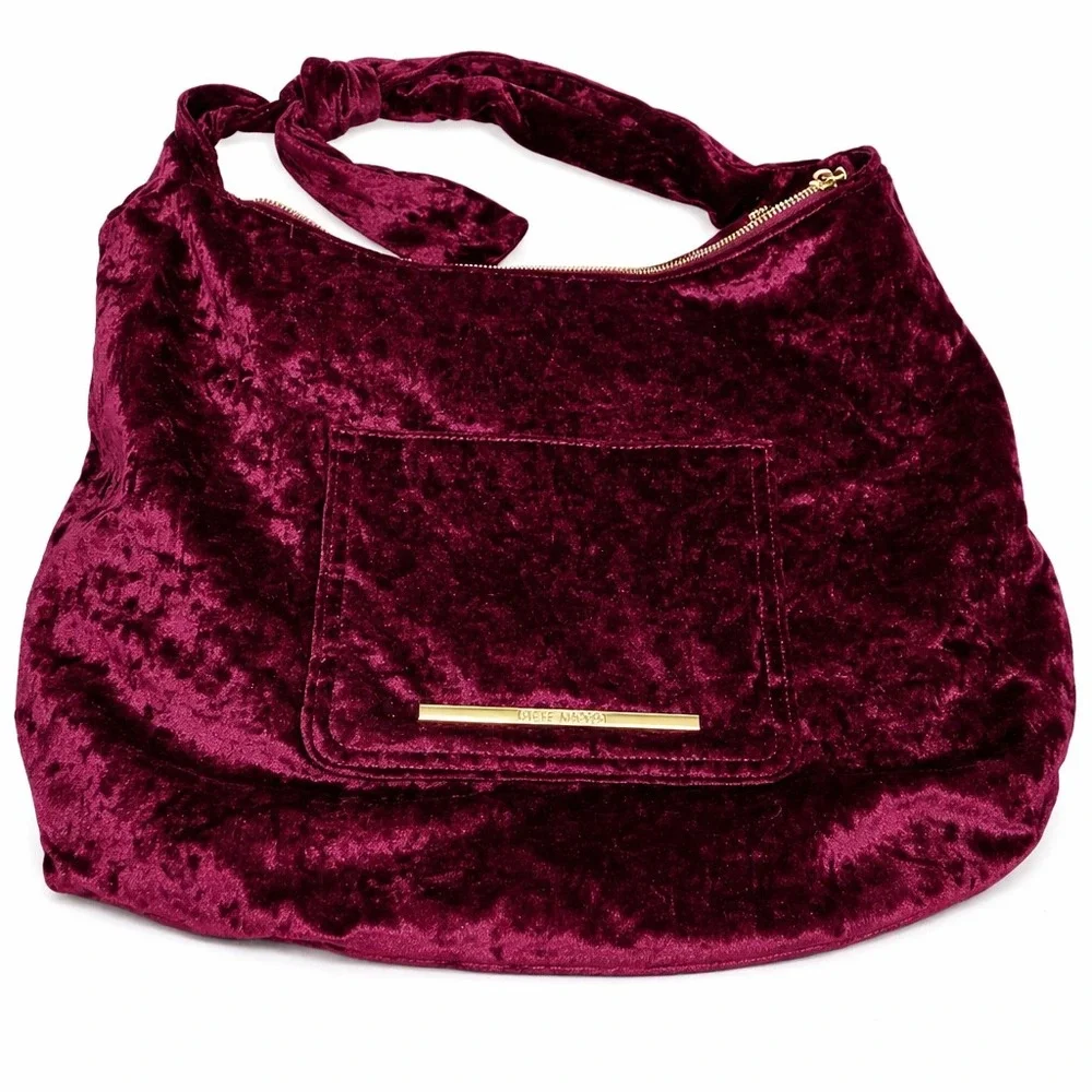 Steve‎ Madden Burgundy Crushed Velvet Hobo Bag Knotted Strap Gold Hardware Wine